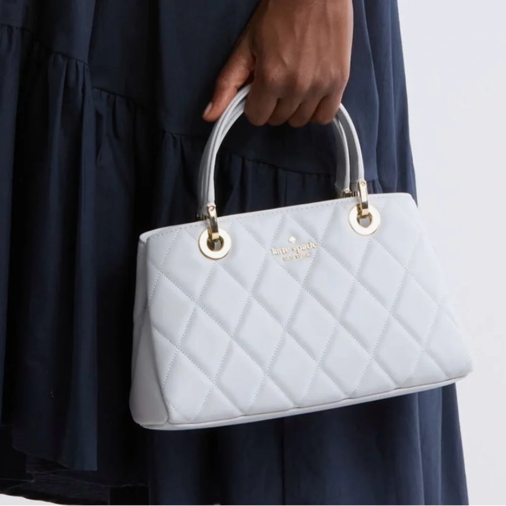 KATE SPADE Satchel Leather Quilted Handbag White Stone Path Light Grey Purse - Picture 3 of 15